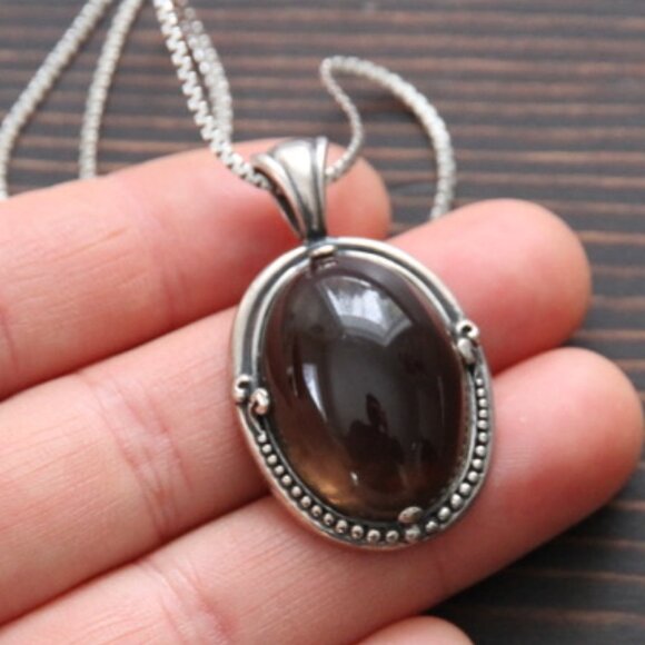 Sterling Smoky Quartz Cabachon Necklace with 925 Chain - Picture 1 of 10